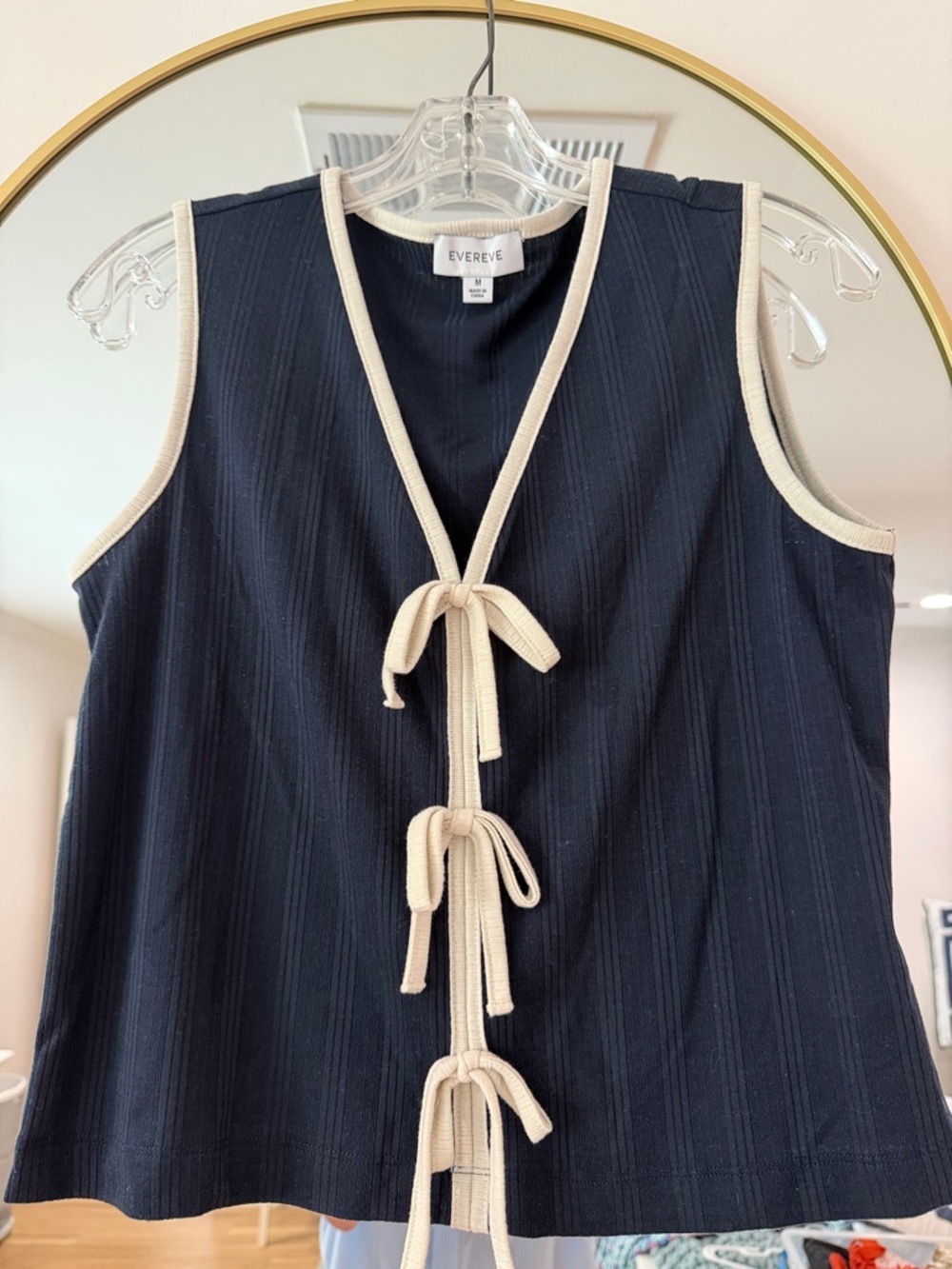 Evereve Navy Sleeveless Tie-Front Top with Cream Trim